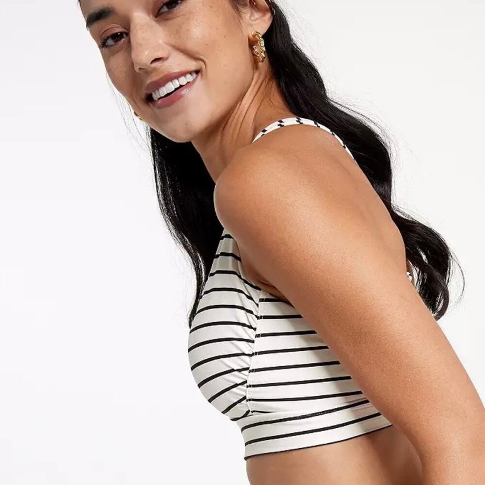 Calia Strappy Back Ruched White Black Stripe Bikini Swim Top Size S - Picture 4 of 13